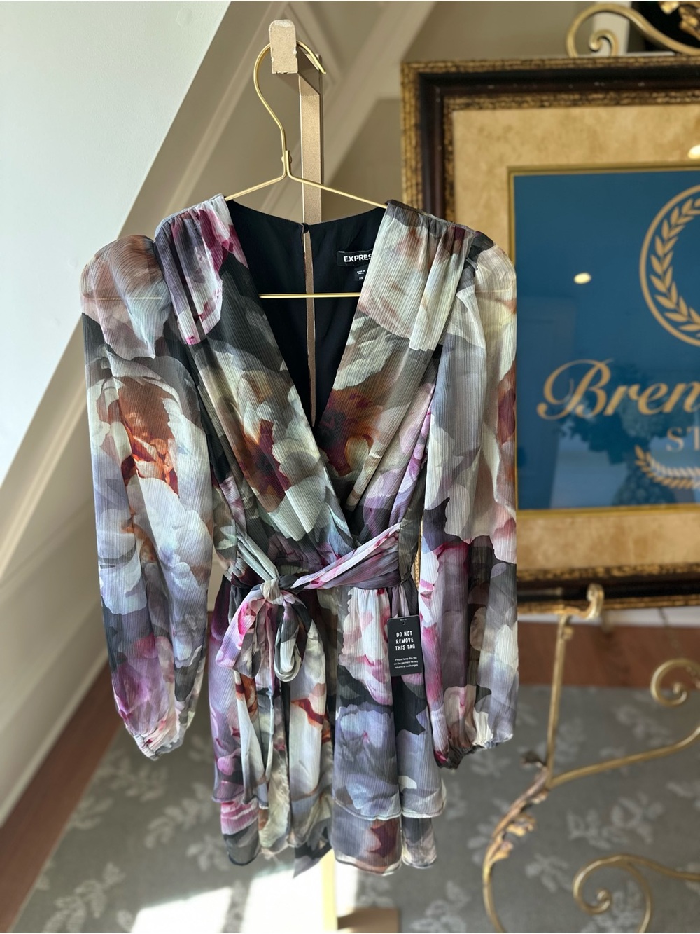 Express Floral Wrap Long-Sleeve Romper in Multicolor Sz xs